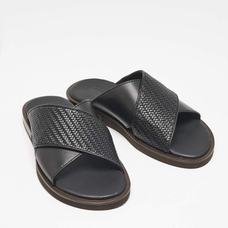 Pre Owned Ermenegildo Zegna Black Woven Leather Flat Slides Size 39
