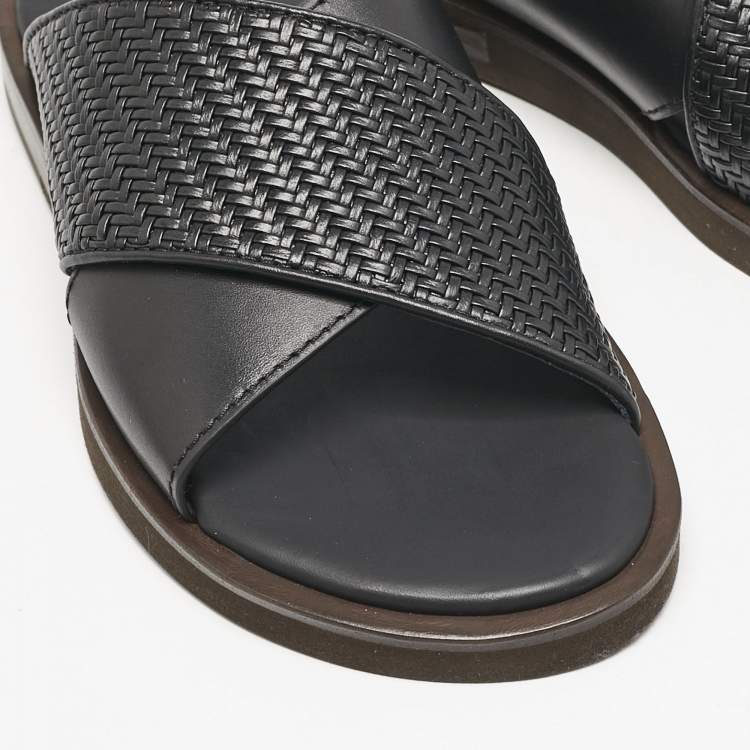 Pre Owned Ermenegildo Zegna Black Woven Leather Flat Slides Size 39