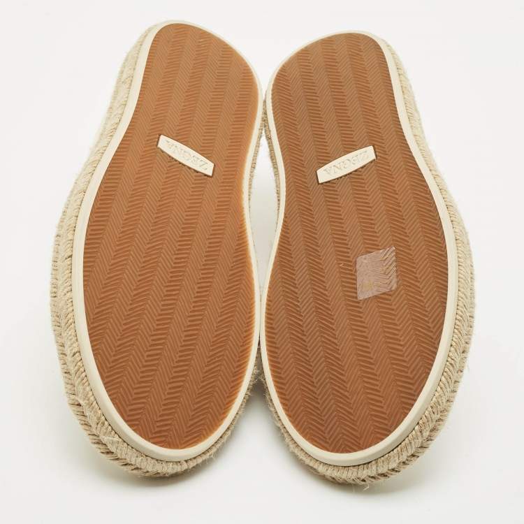 Pre Owned Ermenegildo Zegna Cream Canvas and Leather Triple Stitch Slip On Sneakers Size 44.5