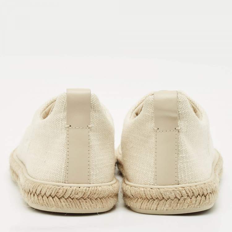 Pre Owned Ermenegildo Zegna Cream Canvas and Leather Triple Stitch Slip On Sneakers Size 44.5
