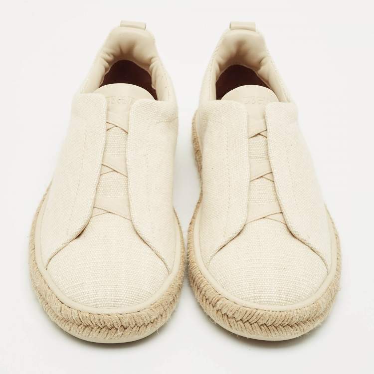 Pre Owned Ermenegildo Zegna Cream Canvas and Leather Triple Stitch Slip On Sneakers Size 44.5