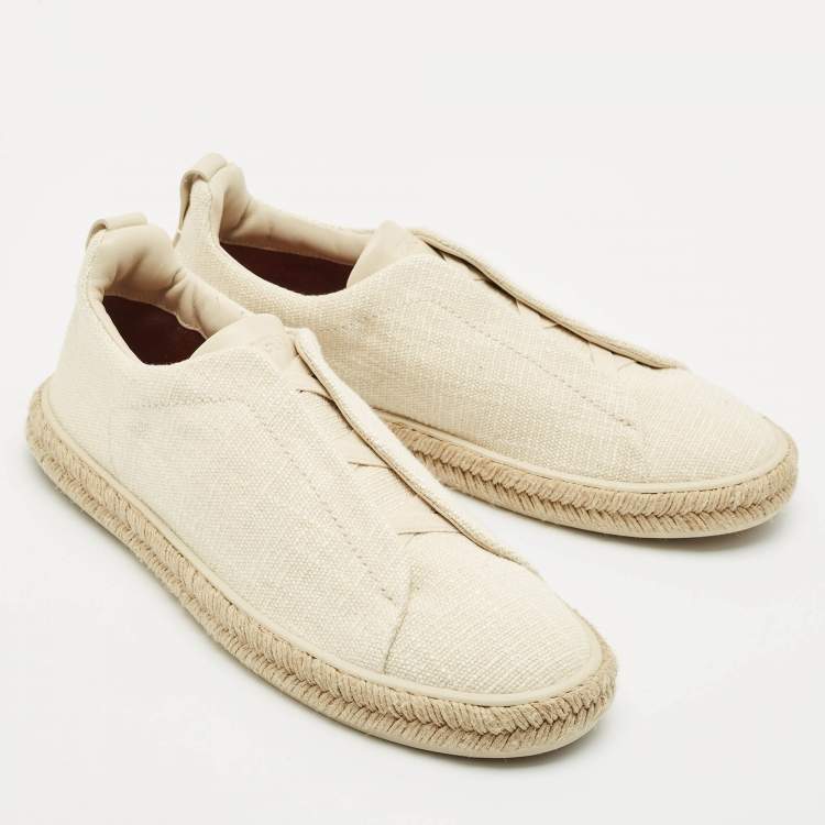 Pre Owned Ermenegildo Zegna Cream Canvas and Leather Triple Stitch Slip On Sneakers Size 44.5