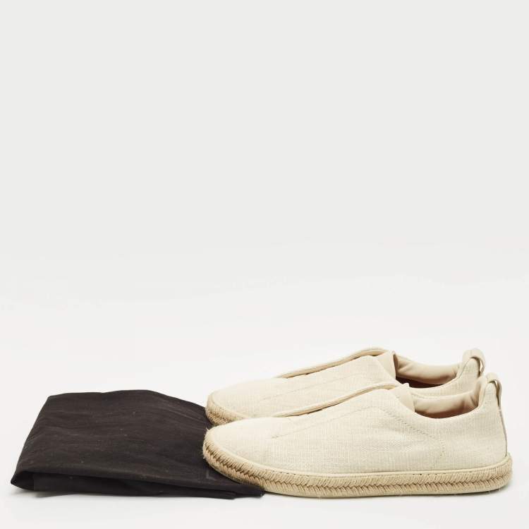 Pre Owned Ermenegildo Zegna Cream Canvas and Leather Triple Stitch Slip On Sneakers Size 44.5