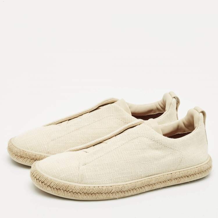 Pre Owned Ermenegildo Zegna Cream Canvas and Leather Triple Stitch Slip On Sneakers Size 44.5