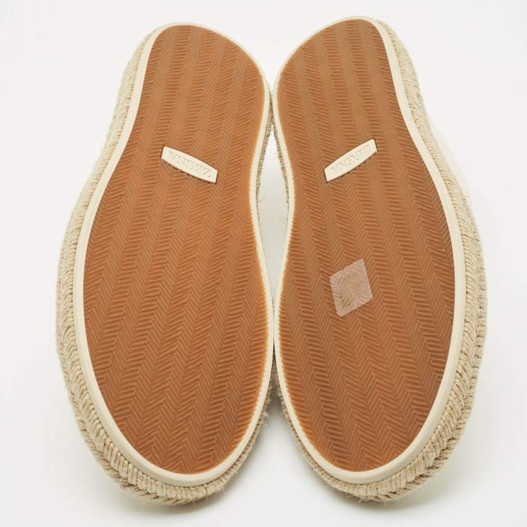 Pre Owned Ermenegildo Zegna Cream Canvas Triple Stitch Slip On Sneakers Size 45.5