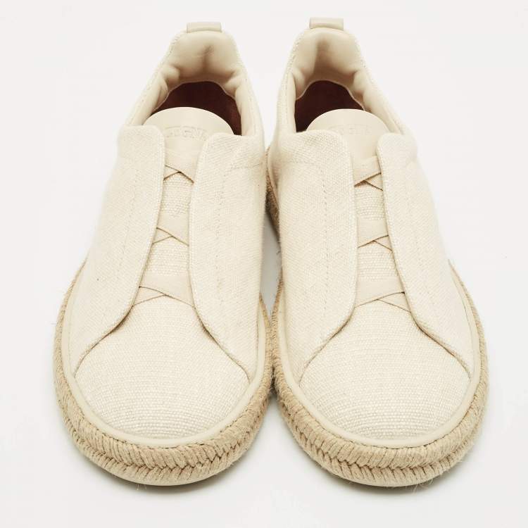 Pre Owned Ermenegildo Zegna Cream Canvas Triple Stitch Slip On Sneakers Size 45.5