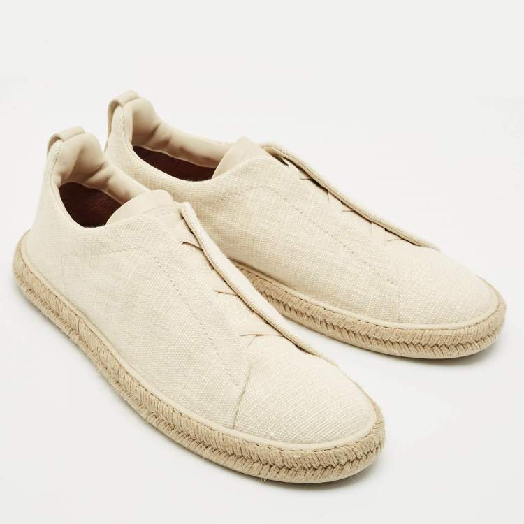 Pre Owned Ermenegildo Zegna Cream Canvas Triple Stitch Slip On Sneakers Size 45.5