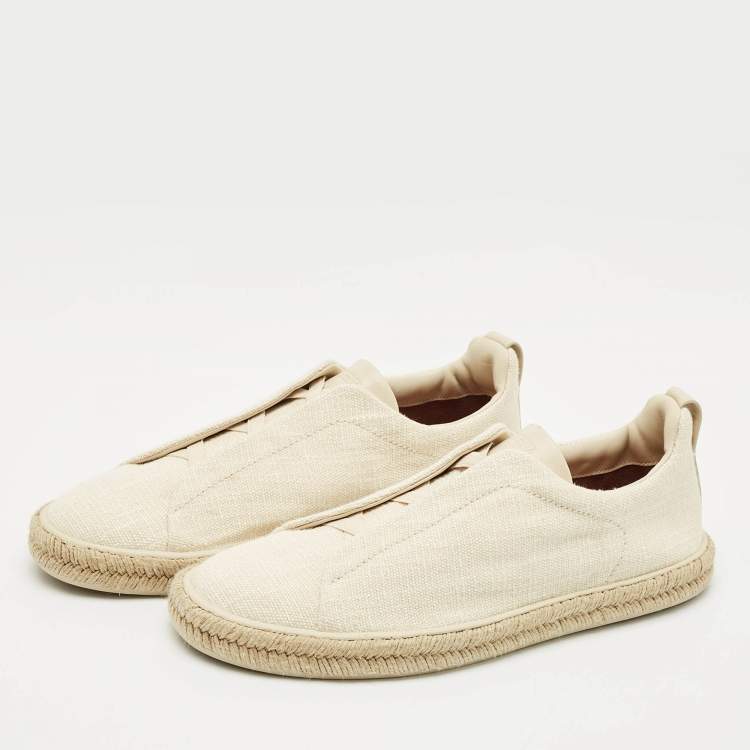 Pre Owned Ermenegildo Zegna Cream Canvas Triple Stitch Slip On Sneakers Size 45.5
