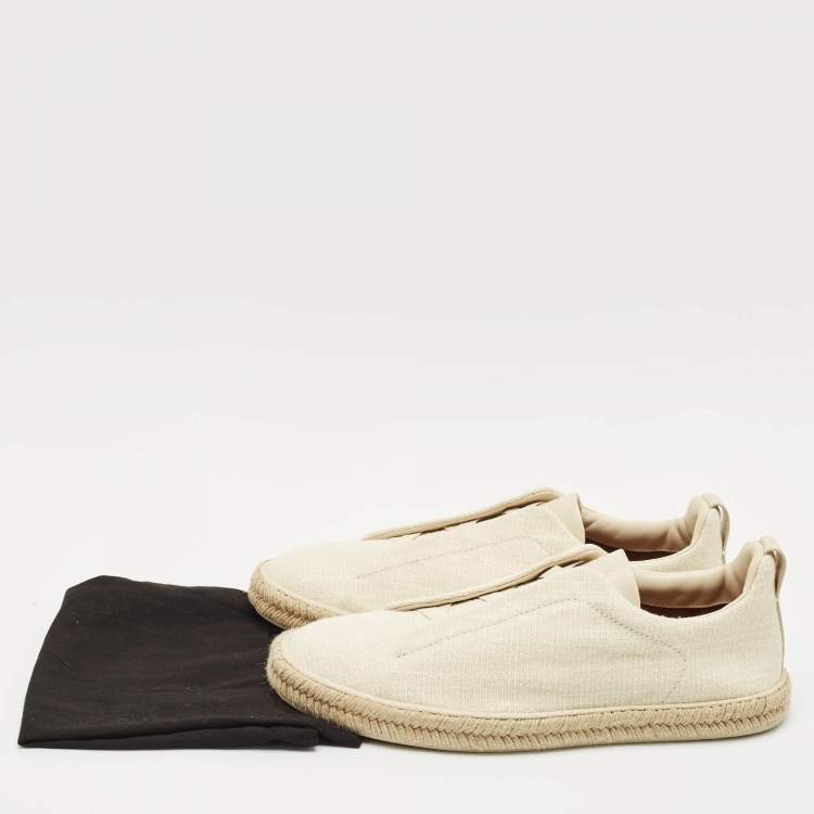 Pre Owned Ermenegildo Zegna Cream Canvas Triple Stitch Slip On Sneakers Size 45.5