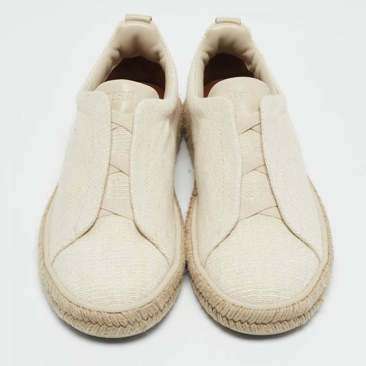 Pre Owned Ermenegildo Zegna Beige Canvas and Leather Triple Stitch Espadrilles Size 43
