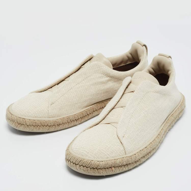 Pre Owned Ermenegildo Zegna Beige Canvas and Leather Triple Stitch Espadrilles Size 43