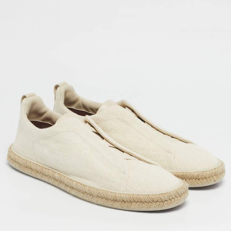 Pre Owned حذاء رياضي ايرمنيجيلدو زينيا كوتور جلد أبيض مزين ثلاثة غرز عنق منخفض مقاس 46