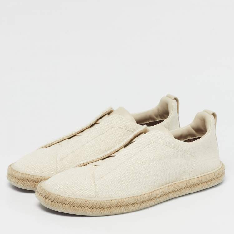 Pre Owned حذاء رياضي ايرمنيجيلدو زينيا كوتور جلد أبيض مزين ثلاثة غرز عنق منخفض مقاس 46