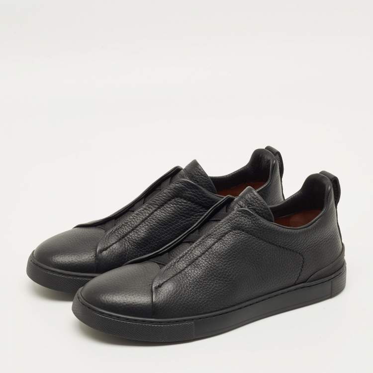 Pre Owned Ermenegildo Zegna Triple Stitch Size 41 Black Leather Slip On Sneakers