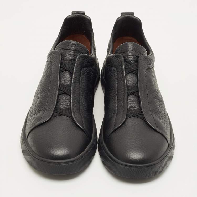 Pre Owned Ermenegildo Zegna Triple Stitch Size 41 Black Leather Slip On Sneakers