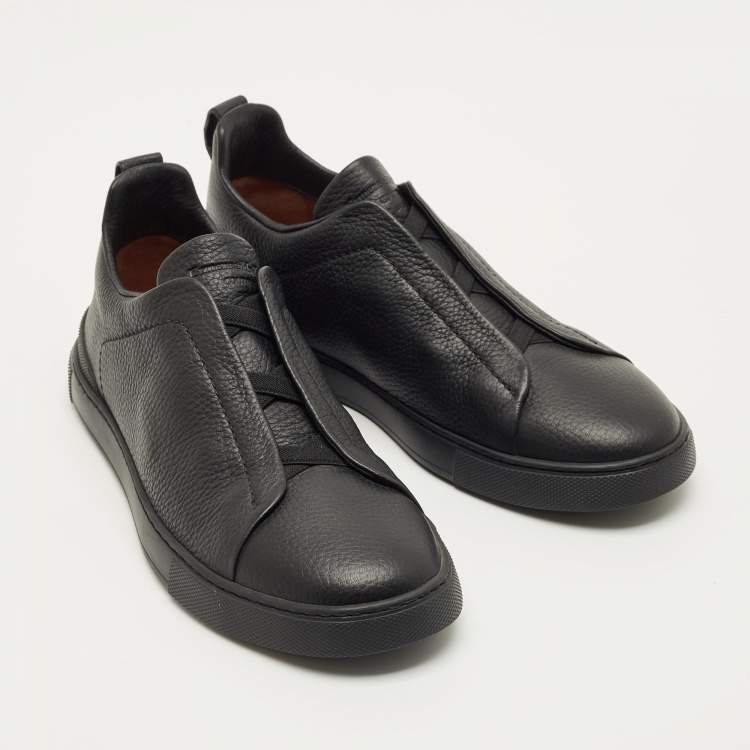Pre Owned Ermenegildo Zegna Triple Stitch Size 41 Black Leather Slip On Sneakers