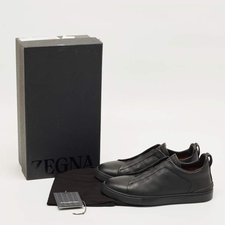 Pre Owned Ermenegildo Zegna Triple Stitch Size 41 Black Leather Slip On Sneakers