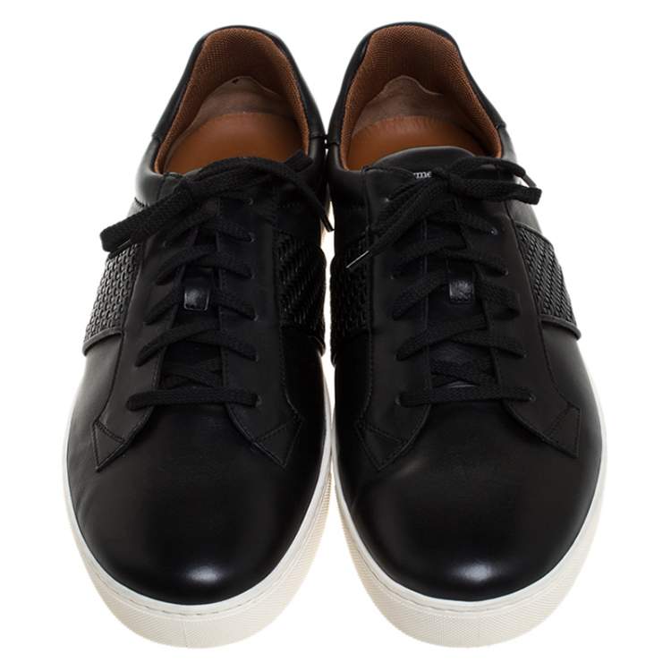Pre Owned Ermenegildo Zegna Black Leather Woven Detail Vittorio Lace Up Sneakers Size 44