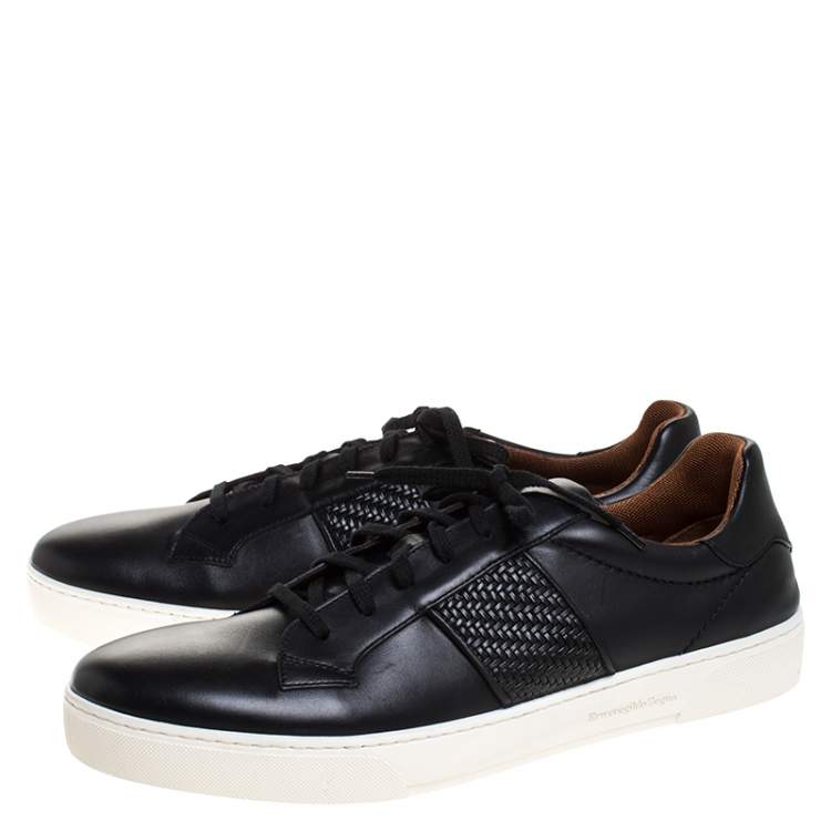 Pre Owned Ermenegildo Zegna Black Leather Woven Detail Vittorio Lace Up Sneakers Size 44