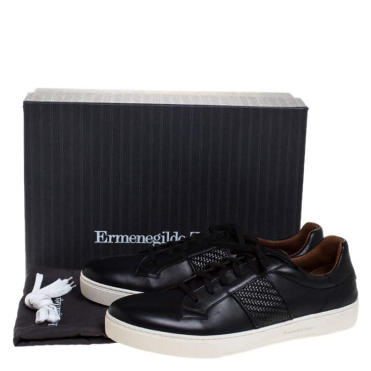 Pre Owned Ermenegildo Zegna Black Leather Woven Detail Vittorio Lace Up Sneakers Size 44
