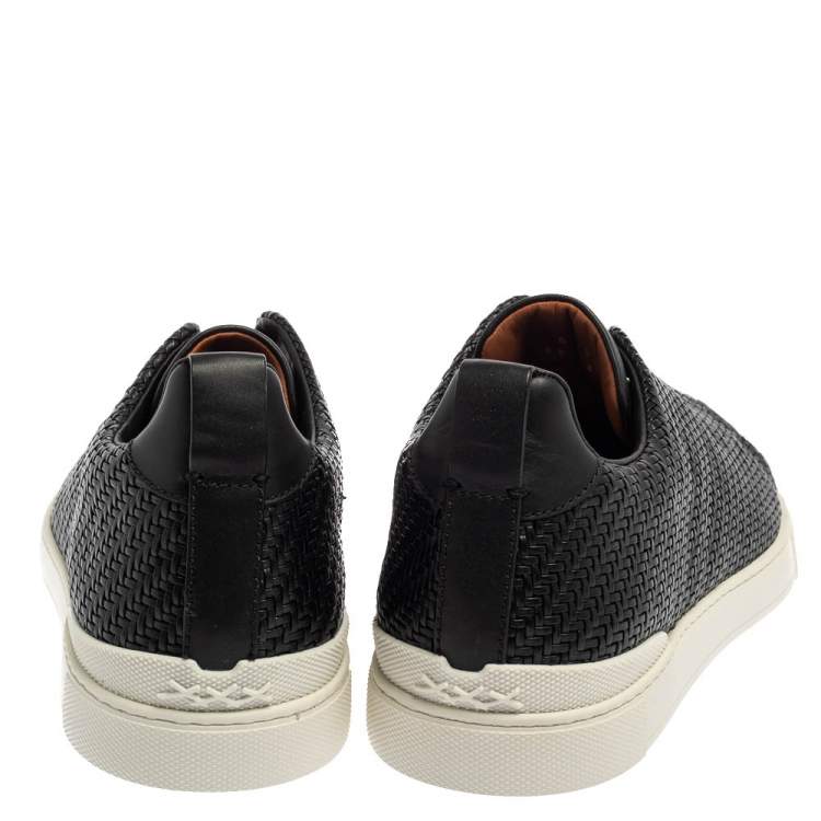 Pre Owned Ermenegildo Zegna Couture Black Woven Leather Pelletessuta Triple Stitch Slip On Sneakers Size 42