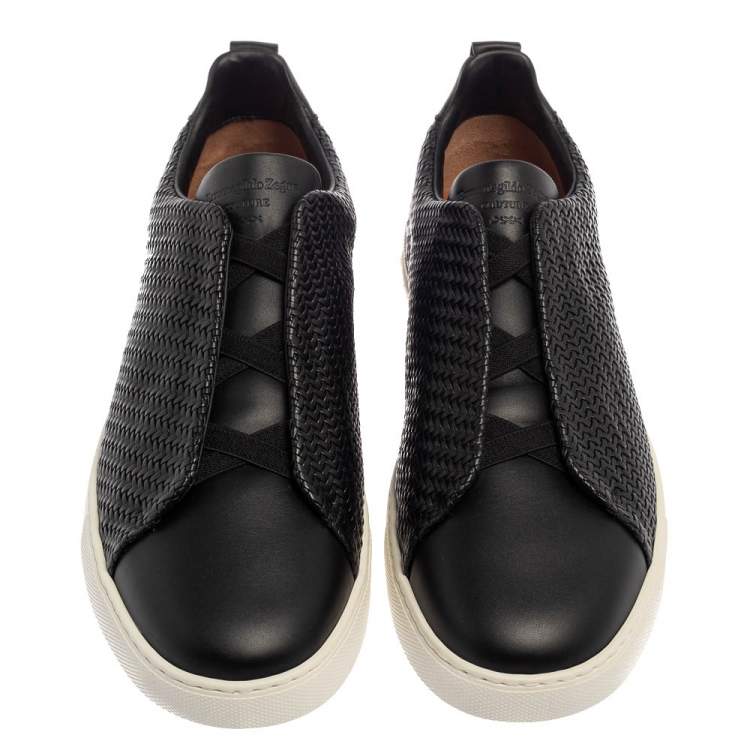 Pre Owned Ermenegildo Zegna Couture Black Woven Leather Pelletessuta Triple Stitch Slip On Sneakers Size 42