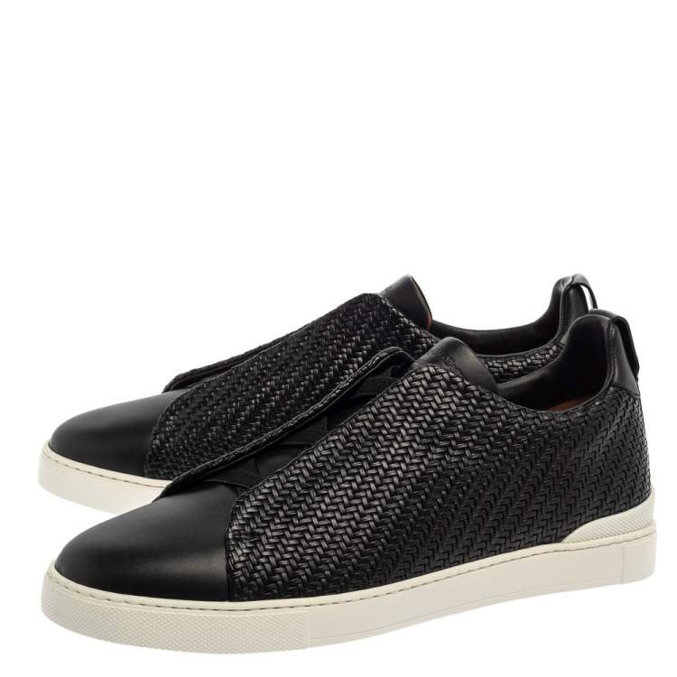 Pre Owned Ermenegildo Zegna Couture Black Woven Leather Pelletessuta Triple Stitch Slip On Sneakers Size 42