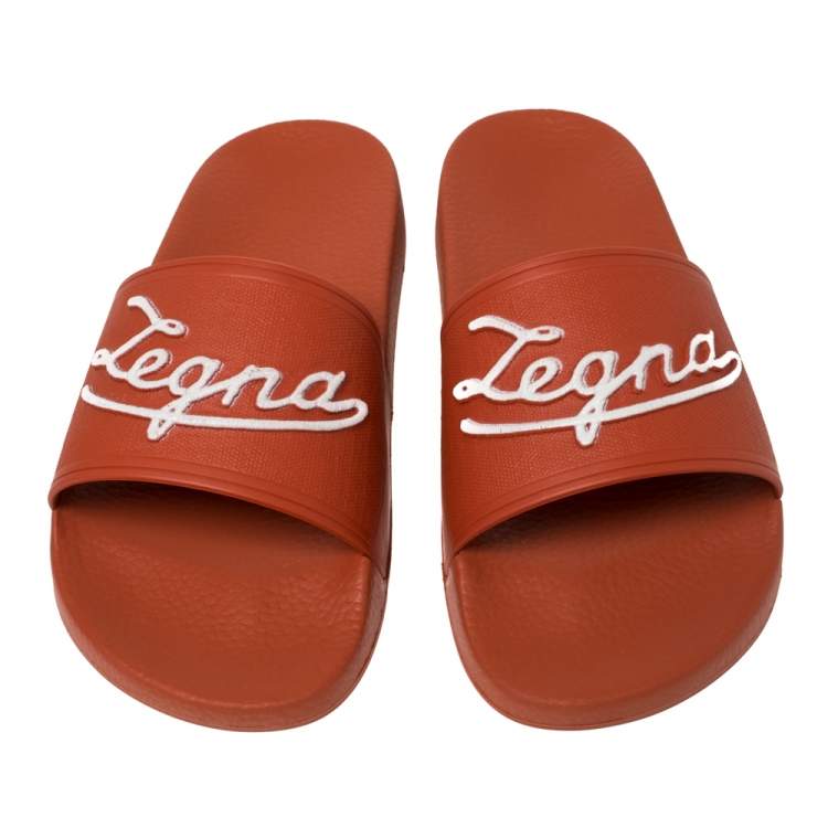 Pre Owned Ermenegildo Zegna Orange Rubber Pool Slide Sandals Size 40