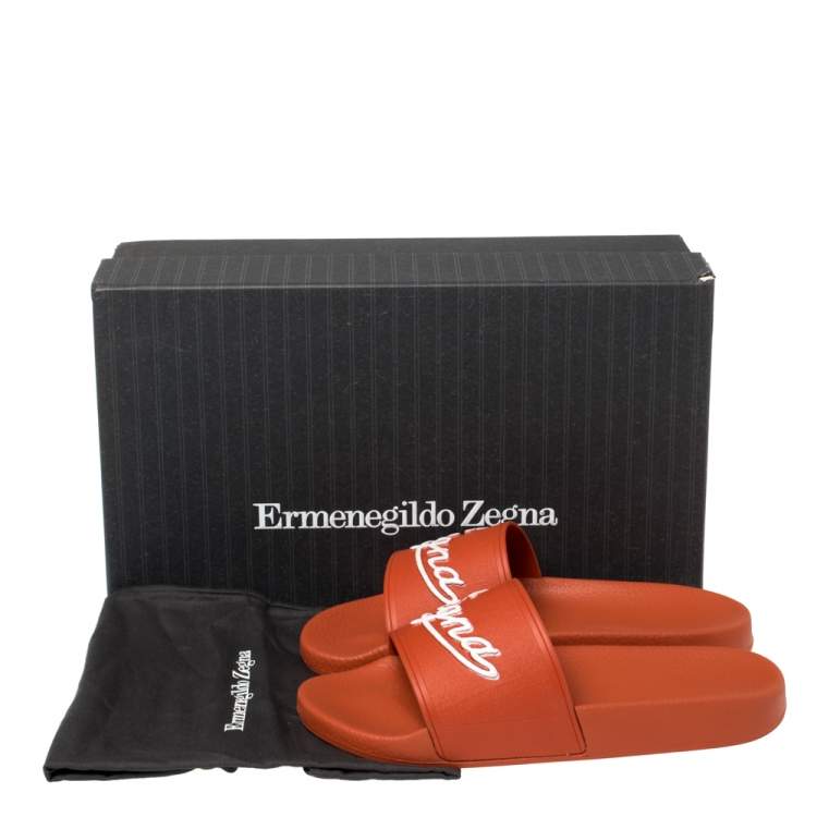Pre Owned Ermenegildo Zegna Orange Rubber Pool Slide Sandals Size 40