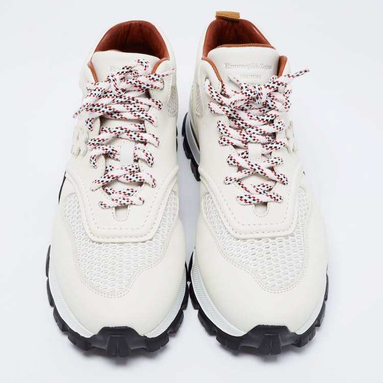 Pre Owned Ermenegildo Zegna White Leather And Mesh Cesare Low Top Sneakers Size 43