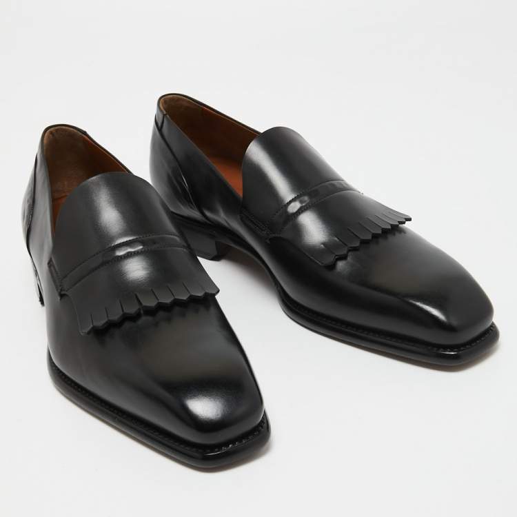 Pre Owned Ermenegildo Zegna Black Leather Fringe Loafers Size 43.5