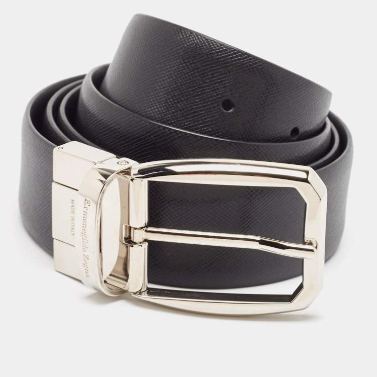 Pre Owned Ermenegildo Zegna Black Leather Reversible Buckle Belt 110CM