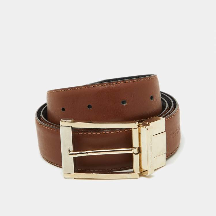 Pre Owned Ermenegildo Zegna Black/Brown Leather Cut to Size Reversible Buckle Belt