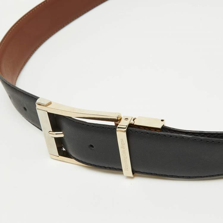 Pre Owned Ermenegildo Zegna Black/Brown Leather Cut to Size Reversible Buckle Belt