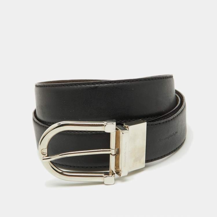 Pre Owned Ermenegildo Zegna Black/Dark Brown Leather Cut to Size Reversible Buckle Belt