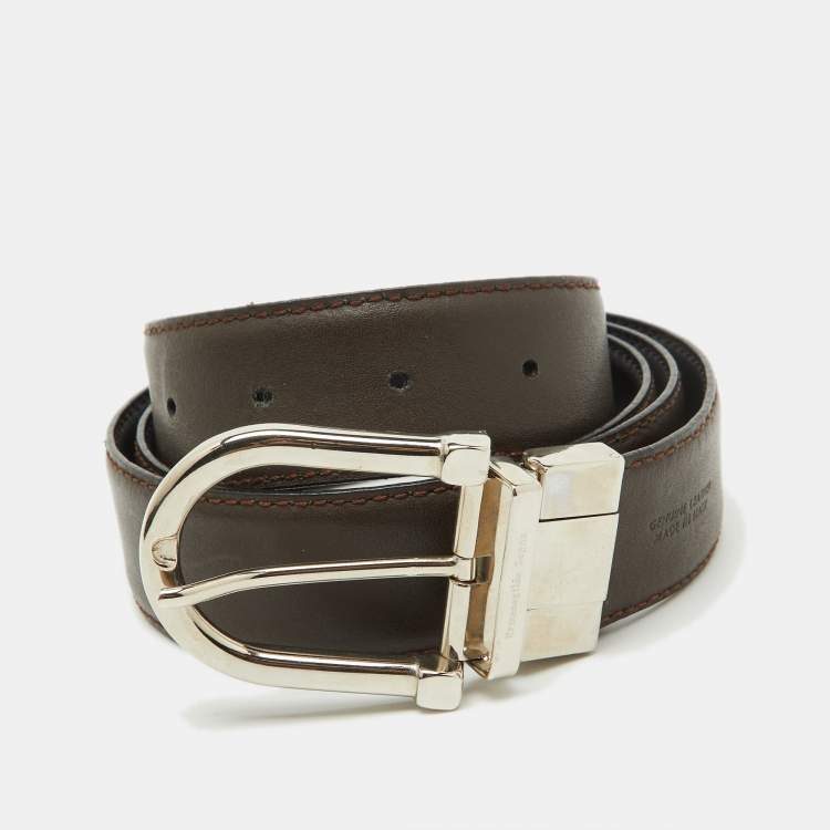 Pre Owned Ermenegildo Zegna Black/Dark Brown Leather Cut to Size Reversible Buckle Belt