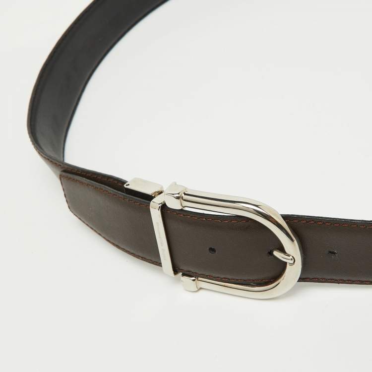 Pre Owned Ermenegildo Zegna Black/Dark Brown Leather Cut to Size Reversible Buckle Belt