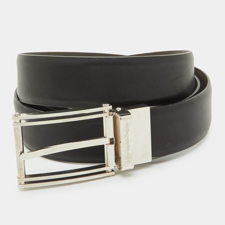 Pre Owned Ermenegildo Zegna Black/Dark Brown Leather Cut to Size Reversible Buckle Belt