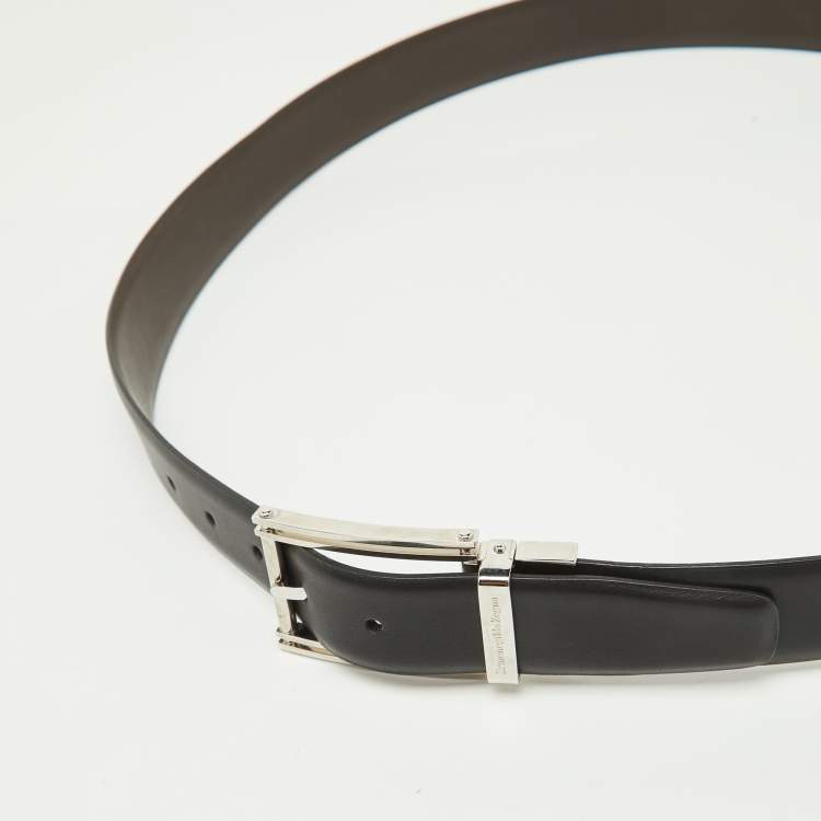 Pre Owned Ermenegildo Zegna Black/Dark Brown Leather Cut to Size Reversible Buckle Belt