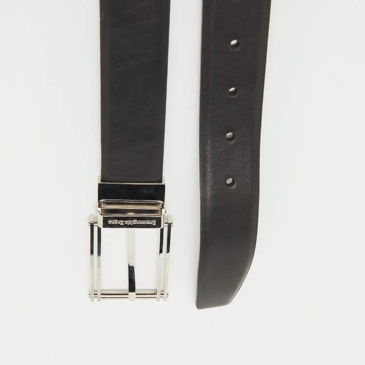 Pre Owned Ermenegildo Zegna Black/Dark Brown Leather Cut to Size Reversible Buckle Belt
