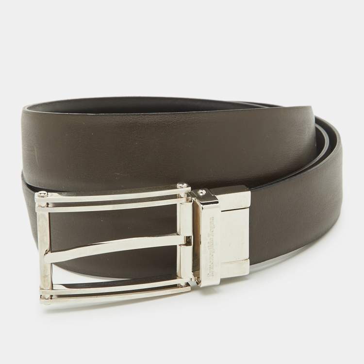 Pre Owned Ermenegildo Zegna Black/Dark Brown Leather Cut to Size Reversible Buckle Belt