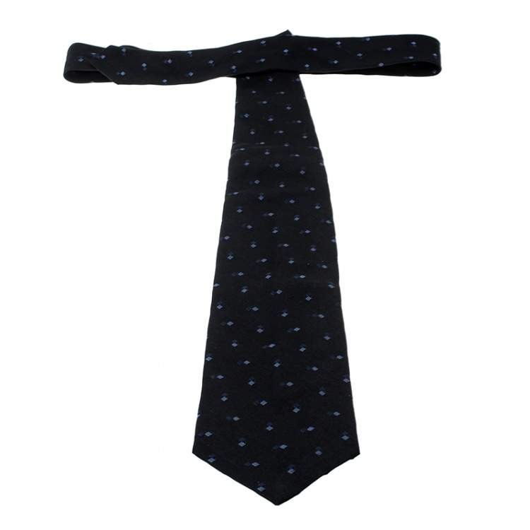 Pre Owned Ermenegildo Zegna Vintage Black and Navy Blue Geometric Pattern Silk Tie