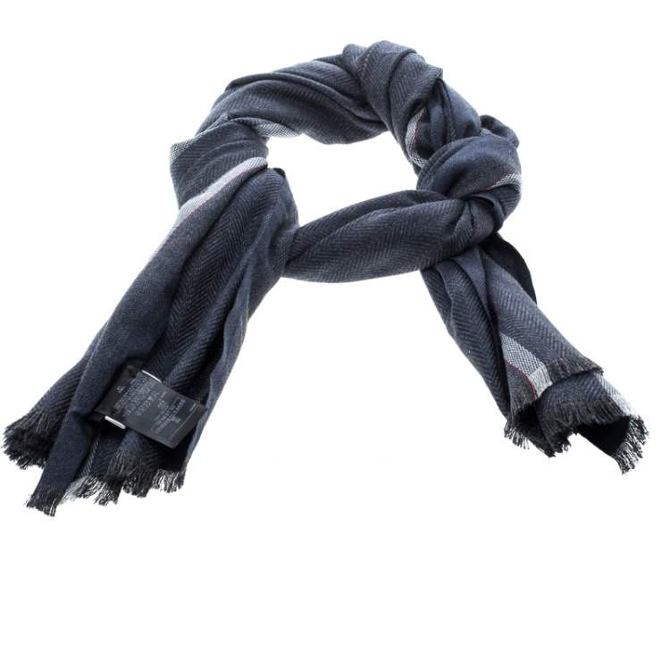 Pre Owned Ermenegildo Zegna Blue and Grey Herringbone Pattern Silk Fringed Edge Scarf 