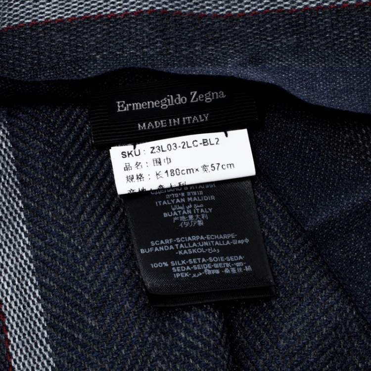 Pre Owned Ermenegildo Zegna Blue and Grey Herringbone Pattern Silk Fringed Edge Scarf 
