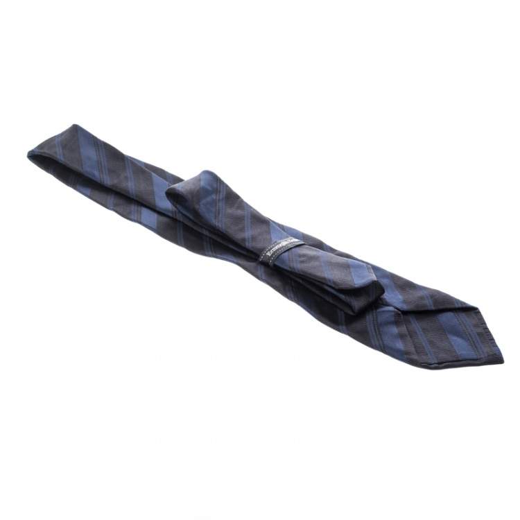 Pre Owned Ermenegildo Zegna Blue Diagonal Striped Cotton and Silk Jacquard Traditional Tie