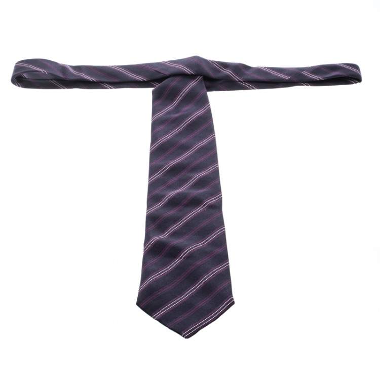 Pre Owned Ermenegildo Zegna Navy Blue and Purple Diagonal Striped Silk Jacquard Tie