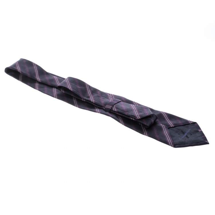 Pre Owned Ermenegildo Zegna Navy Blue and Purple Diagonal Striped Silk Jacquard Tie
