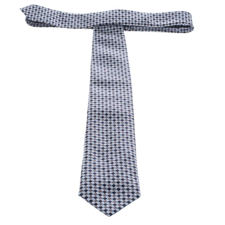 Pre Owned Ermenegildo Zegna Navy Blue Checkered Silk Jacquard Tie