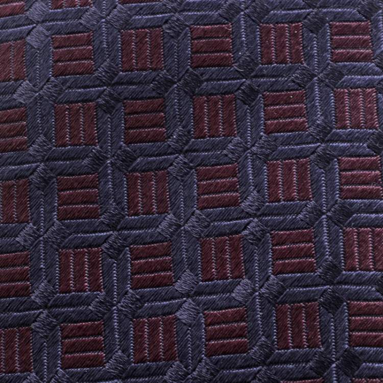 مملوكة مسبقًا Ermenegildo Zegna Navy Blue and Maroon Geometric Pattern Silk Jacquard Tie