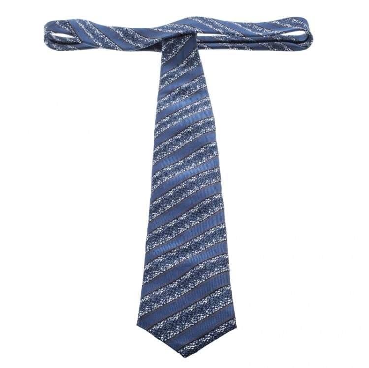 Pre Owned Ermenegildo Zegna Teal Striped Patterned Silk Jacquard Tie